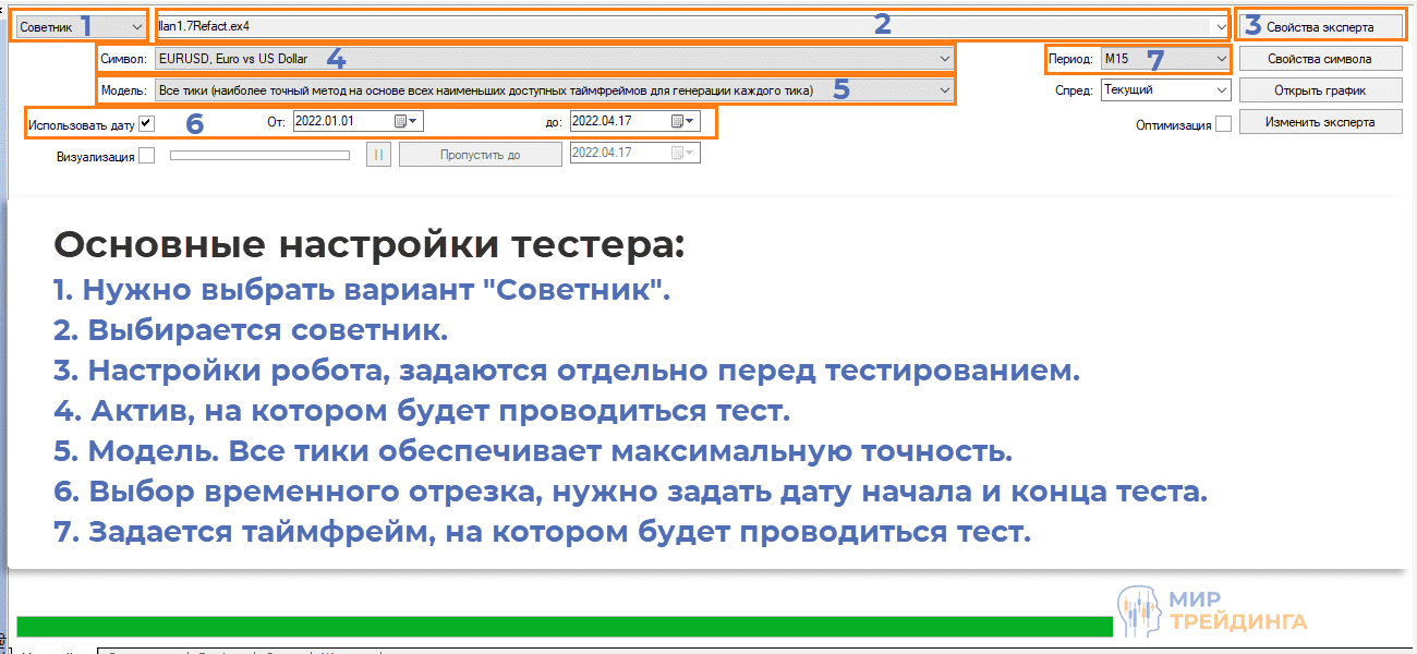 Настройки тестера торгового робота