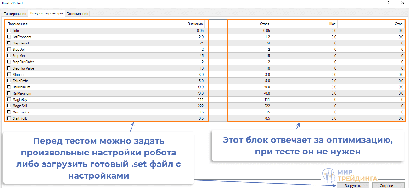 Настройки set файла перед тестом 