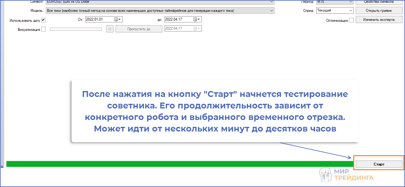 Запуск тестирования торгового робота